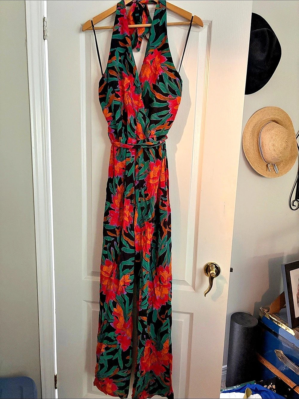 Mango Floral Halter Wide Leg Jumpsuit in Black & Red Size Large N